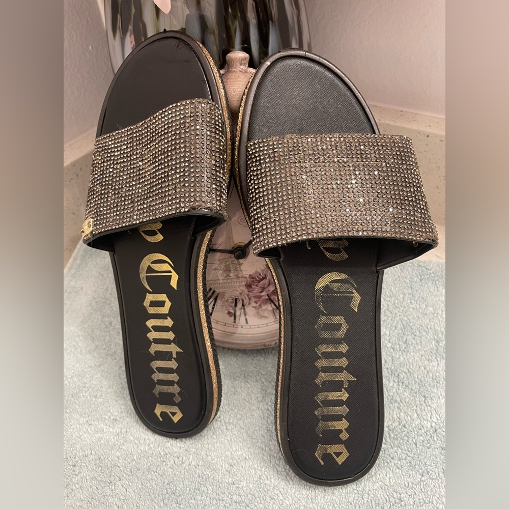 Juicy Couture Black & Gold Rhinestone Slide Sandals